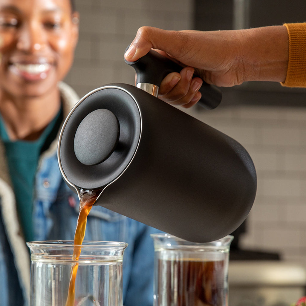 Fellow Clara French Press — in-use angle