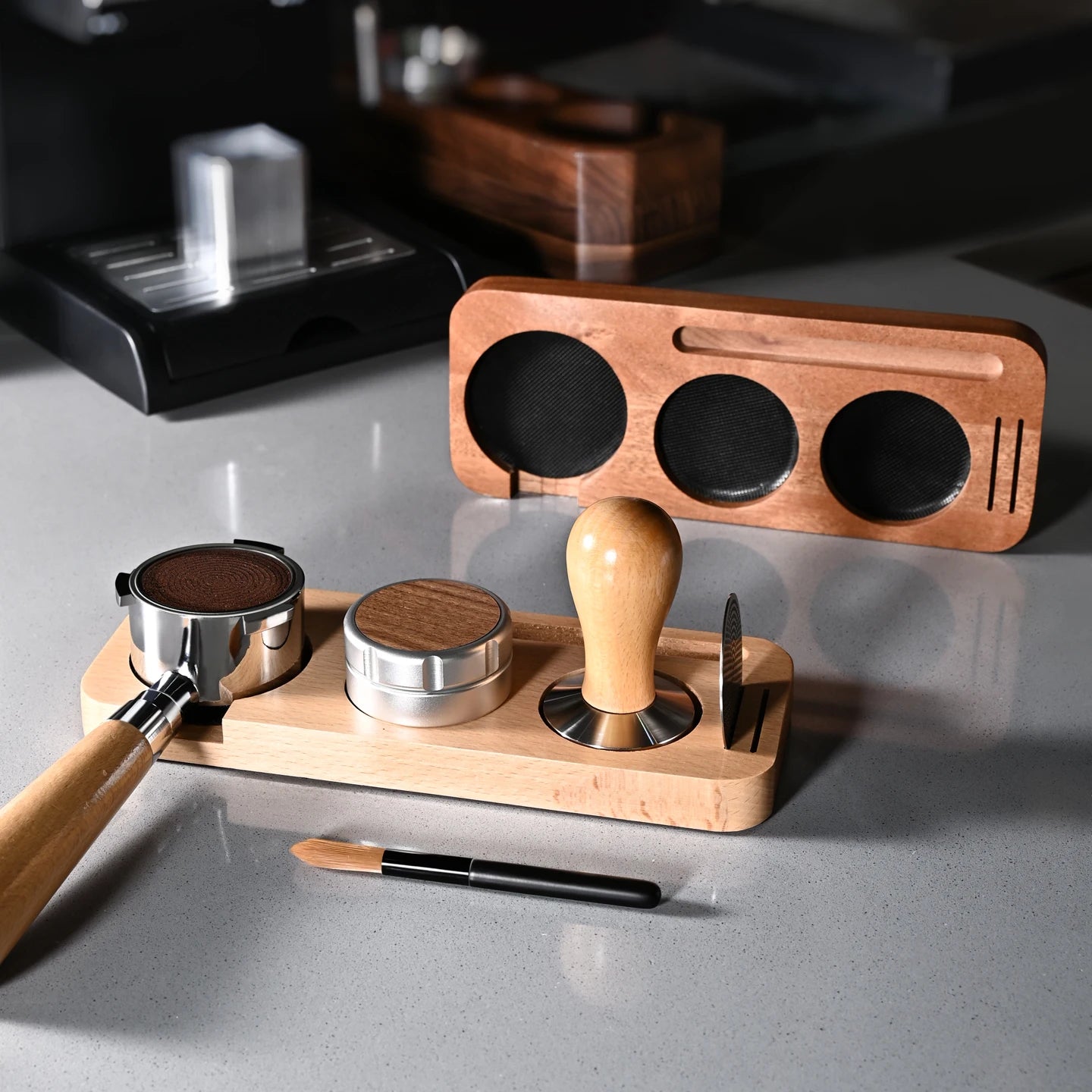 Wooden barista station holding tamper, distributor and portafilter