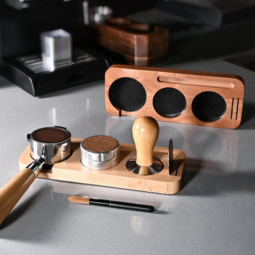 Wooden barista station holding tamper, distributor and portafilter