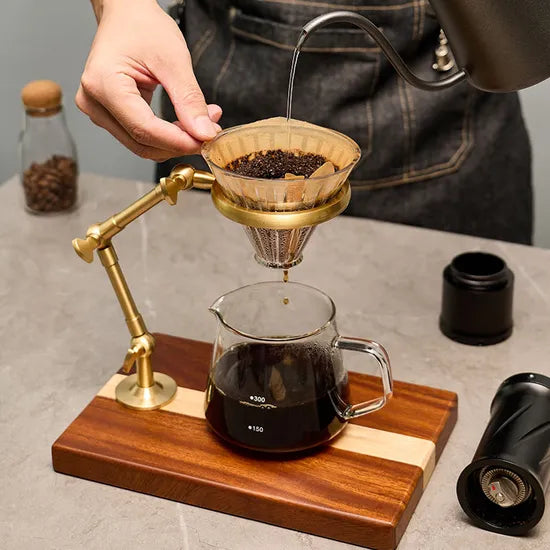 EXRIMA Walnut & Metal Pour-Over Stand — brass frame detail