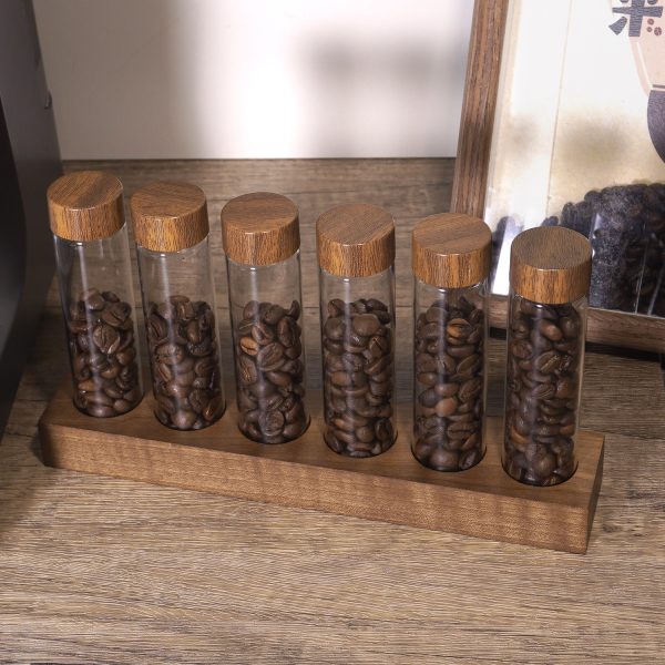EXRIMA Sculptural Bean Cellar System — borosilicate glass bean tube set with wooden holder, verified OEM photo